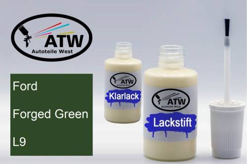 Ford, Forged Green, L9: 20ml Lackstift + 20ml Klarlack - Set, von ATW Autoteile West.